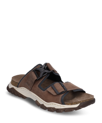 Sandalo marrone in pelle robusta con due fibbie e una suola strutturata antiscivolo. La scarpa comoda offre un look moderno e un elevato comfort di calzata.