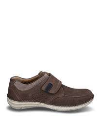 The brown suede shoe with Velcro offers comfort and style. It features contrasting stitching perforated details and a light sole for a modern look.