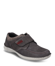 Gray leather shoe with Velcro closure. Features include red decorative stitching and perforated side panels for ventilation.