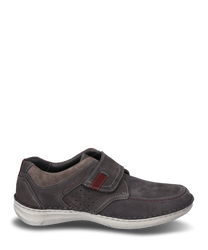 Gray leather shoe with Velcro closure. Features include red decorative stitching and perforated side panels for ventilation.