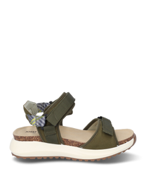 Sandale verte olive avec fermeture velcro fabriquée à partir de matériaux durables. La sandale dispose d'une semelle intérieure rembourrée de couleur marron clair et d'une semelle blanche légèrement surélevée pour un confort supplémentaire.