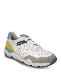 Modern sneaker with lacing made of white leather with gray blue and yellow suede accents. Perforated design for breathability and sturdy rubber sole for optimal comfort.