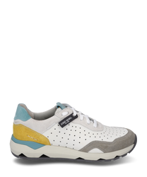 Modern sneaker with lacing made of white leather with gray blue and yellow suede accents. Perforated design for breathability and sturdy rubber sole for optimal comfort.