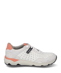 The sneaker is made of smooth cream-colored leather with a perforated design and orange accents. It features lacing and a sturdy beige sole for optimal support and comfort.