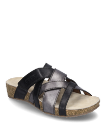 La sandale a un design moderne avec des sangles en cuir noires et argentées. Elle dispose d'une fermeture à élastique et d'une semelle en liège confortable qui offre un confort de port optimal.
