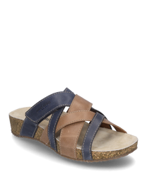 Die Sandale hat ein Obermaterial aus braunem und blauem Leder mit Gummizugverschluss. Der komfortable Fußbett und die rutschfeste Sohle aus Kork bieten optimalen Halt und Tragekomfort.