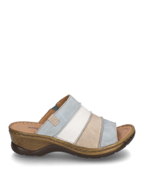Le sabot a une tige en cuir doux multicolore bleu blanc et beige. Il dispose d'un élastique confortable et d'une semelle moulée en aspect bois pour un confort de port optimal.