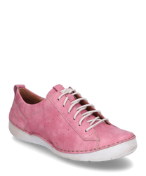 A pink low-cut shoe with a lace-up closure featuring a smooth leather finish. The shoe has a white sole with visible stitching offering a casual and stylish look.