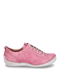 A pink low-cut shoe with a lace-up closure featuring a smooth leather finish. The shoe has a white sole with visible stitching offering a casual and stylish look.