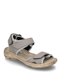 Gray sandal with Velcro closure made of soft leather. The sole is beige and ergonomically shaped ideal for comfort and everyday use.