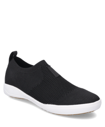Czarny sneaker wykonany jest z oddychającego materiału siatkowego i nie ma zapięcia. Charakteryzuje się białą podeszwą i minimalistycznym designem który łączy komfort i styl.