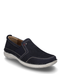 The slipper is made of dark blue suede with contrasting white stitching. It features a practical elastic band for easy on and off and a white rubber sole for added comfort.