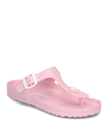 Roze teenslipper gemaakt van synthetisch materiaal met een witte gespsluiting. De slipper heeft een eenvoudig ontwerp en een comfortabele pasvorm ideaal voor zomerse dagen.