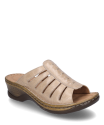 Le sabot beige en cuir a une fermeture élastique et est orné de découpes élégantes. La semelle est conçue dans un style bois ce qui donne à la chaussure un aspect naturel.