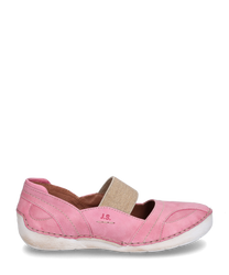 Zapato bajo de cuero rosa con banda elástica beige en el empeine. La suela es de color blanco envejecido ideal para un estilo casual y cómodo.