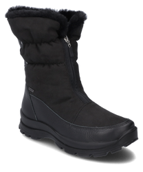Schwarzer Stiefel aus Leder und Textil mit Reißverschluss. Der Schuh hat eine stabile Sohle und dekorative Nieten an der Seite.