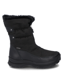 Schwarzer Stiefel aus Leder und Textil mit Reißverschluss. Der Schuh hat eine stabile Sohle und dekorative Nieten an der Seite.