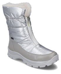 Silberner Stiefel mit Reißverschluss aus glänzendem isolierendem Material. Der Stiefel hat eine dicke weiße Sohle und eine flauschige Fütterung für zusätzlichen Komfort.