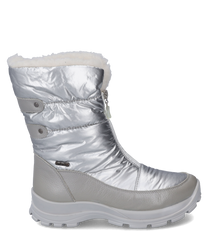 Silberner Stiefel mit Reißverschluss aus glänzendem isolierendem Material. Der Stiefel hat eine dicke weiße Sohle und eine flauschige Fütterung für zusätzlichen Komfort.
