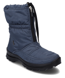 Stivale in tessuto blu con chiusura a cerniera. La suola antiscivolo e il design imbottito offrono comfort e protezione.