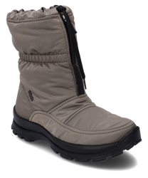 Bottes en tissu beige avec fermeture éclair latérale. La semelle noire offre une bonne adhérence tandis que la conception rembourrée assure confort et chaleur. Idéales pour un usage quotidien par temps froid.