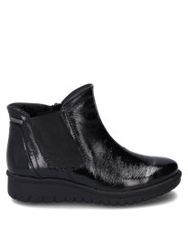 Schwarze Stiefelette aus glänzendem Leder mit einem seitlichen Reißverschluss. Die flexible Sohle und der elastische Einsatz bieten hohen Tragekomfort.