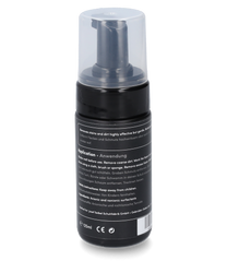 Der JS Reinigungsschaum Clean ist in einer weißen zylindrischen Kunststoffflasche mit blauem Etikett erhältlich. Die Flasche hat einen weißen Pumpverschluss und das Etikett zeigt blaue und weiße Schrift.