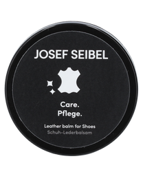 Runde Dose aus Metall mit schwarzem Deckel und weißem Etikett JS Lederbalsam Care in schwarzer Schrift auf weißem Hintergrund Dose enthält pflegendes Balsam für Lederprodukte