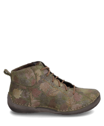 Die Stiefelette mit Schnürung besticht durch ihr herbstliches Blätterdesign in gedeckten Grüntönen. Sie ist aus robustem Material gefertigt und bietet eine flexible Sohle für optimalen Tragekomfort.