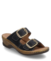 Sabots noirs avec deux bandes velcro réglables et des lacets décoratifs accrocheurs. La chaussure a une semelle légèrement surélevée de couleur marron clair avec une finition marron et offre confort et style pour le quotidien.