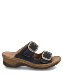 Sabots noirs avec deux bandes velcro réglables et des lacets décoratifs accrocheurs. La chaussure a une semelle légèrement surélevée de couleur marron clair avec une finition marron et offre confort et style pour le quotidien.