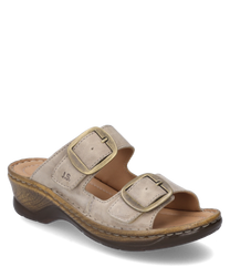 Sabot beige avec fermeture velcro en cuir souple. Les particularités sont les deux larges sangles avec boucles et la semelle ergonomique confortable.