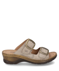 Sabot beige avec fermeture velcro en cuir souple. Les particularités sont les deux larges sangles avec boucles et la semelle ergonomique confortable.
