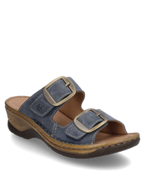 Sabot bleu avec fermeture velcro et deux larges sangles. La semelle est en imitation bois clair ce qui donne à la chaussure un look rustique.