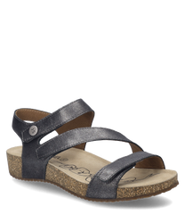 The illustrated sandal in anthracite is made of a shimmering material and features a practical Velcro closure. The shoe has a comfortable slightly profiled sole and is ideal for summer.
