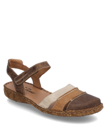 Brown sandal with Velcro closure made of leather. The sole is adorned with floral patterns and the design features light and dark brown stripes.