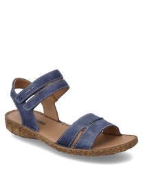Die Sandale aus blauem Leder verfügt über einen praktischen Klettverschluss. Die Sohle ist mit einem natürlichen gemusterten Design versehen und bietet Komfort sowie Stil.