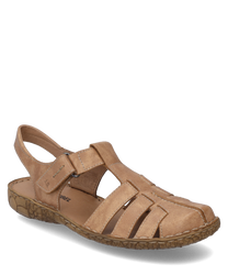 Sandalo marrone in pelle con chiusura in velcro punta aperta e suola a motivo floreale. Ideale per un look estivo casual e confortevole.
