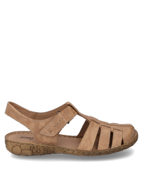 Sandalo marrone in pelle con chiusura in velcro punta aperta e suola a motivo floreale. Ideale per un look estivo casual e confortevole.