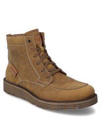 Die Stiefelette aus braunem Leder hat eine Schnürung und eine robuste Sohle. Besondere Merkmale sind die auffälligen Nähte und das dezente Markenlogo an der Seite.
