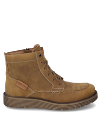 Die Stiefelette aus braunem Leder hat eine Schnürung und eine robuste Sohle. Besondere Merkmale sind die auffälligen Nähte und das dezente Markenlogo an der Seite.