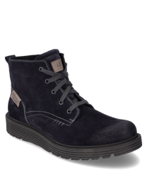 Dunkelblaue Stiefelette aus Veloursleder mit Schnürverschluss. Sie verfügt über kontrastierende Nähte und eine robuste profilierte Sohle für optimalen Halt.