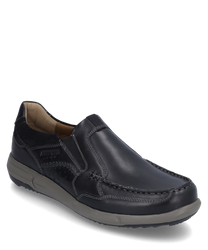 El zapato está hecho de cuero negro y tiene un cierre de goma cómodo. Se caracteriza por costuras contrastantes y una suela gris estable.