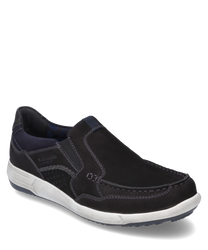 Mocasines negros de cuero con elástico para poner y quitar fácilmente. El zapato tiene una suela gris claro y costuras decorativas llamativas que le dan un aspecto deportivo.