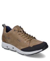 Bruine sneaker met veters gemaakt van suede met zwarte rubberen applicaties aan de punt. De schoen heeft een witte zool met ventilatiegaten en is voorzien van een blauwe voering.