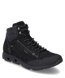 La bota negra de cuero está equipada con un cordón. Se caracteriza por sus costuras en gris claro y una suela robusta y perfilada ideal para actividades al aire libre.