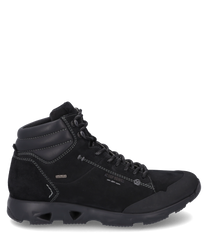 La bota negra de cuero está equipada con un cordón. Se caracteriza por sus costuras en gris claro y una suela robusta y perfilada ideal para actividades al aire libre.
