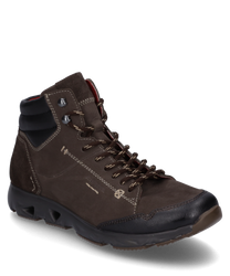 The ankle boot is made of brown suede with a black leather collar. It features lacing contrasting stitching and a sturdy profiled sole that provides good grip.