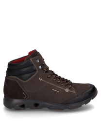 The ankle boot is made of brown suede with a black leather collar. It features lacing contrasting stitching and a sturdy profiled sole that provides good grip.
