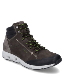 The ankle boot with lacing is made of brown leather with black and gray accents. It features a green lining a white sole with gray detail and offers a sporty look due to its robust construction.